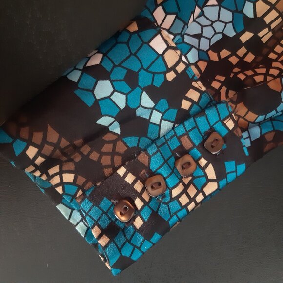 Laura Studio SZ18 Satin Finish Geometric Button Up Women's Shirt, Blues & Browns - Picture 5 of 15